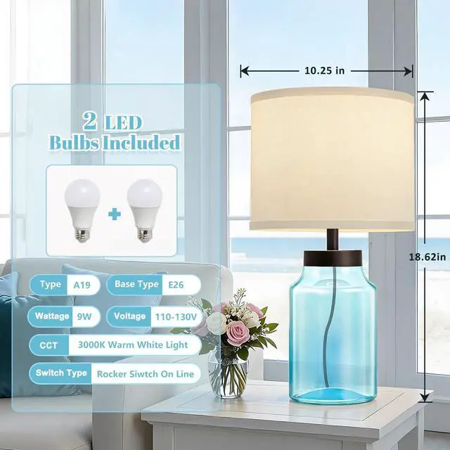 Alt view image 4 of 6 - Coastal Fillable Table Lamps, Bedside Lamps Set of 2 for Home Decor Nightstand Lamp with Clear Glass for Living Room Bedrooms Office Bulbs Included(Blue+White Shade)