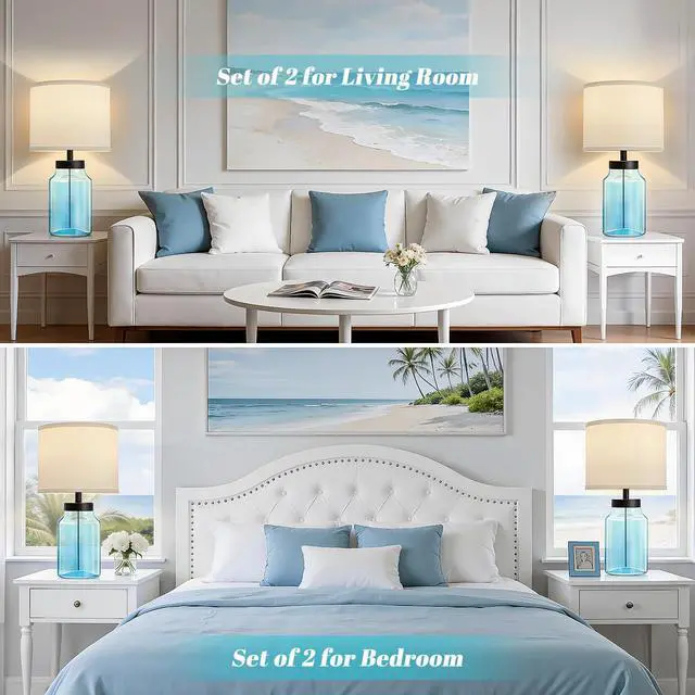 Alt view image 5 of 6 - Coastal Fillable Table Lamps, Bedside Lamps Set of 2 for Home Decor Nightstand Lamp with Clear Glass for Living Room Bedrooms Office Bulbs Included(Blue+White Shade)