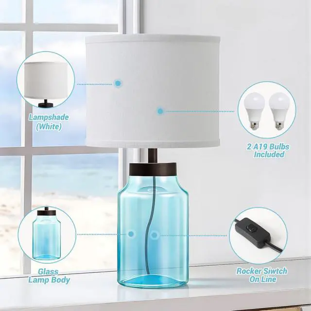 Alt view image 3 of 6 - Coastal Fillable Table Lamps, Bedside Lamps Set of 2 for Home Decor Nightstand Lamp with Clear Glass for Living Room Bedrooms Office Bulbs Included(Blue+White Shade)