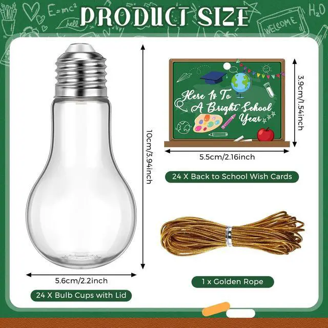 Alt view image 2 of 7 - 24 Pack Back to School Plastic Light Bulbs Jars with Card and String, First Day of School Gift 100 ml Light Bulb Candy Containers Clear Candy Jars Students Teachers Classroom Reward Gifts