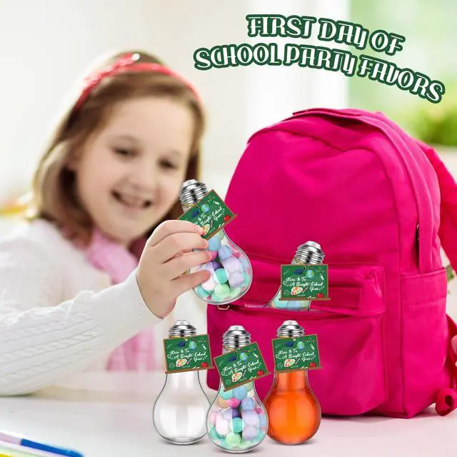 Alt view image 4 of 7 - 24 Pack Back to School Plastic Light Bulbs Jars with Card and String, First Day of School Gift 100 ml Light Bulb Candy Containers Clear Candy Jars Students Teachers Classroom Reward Gifts