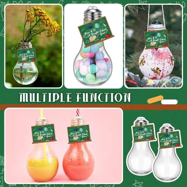 Alt view image 5 of 7 - 24 Pack Back to School Plastic Light Bulbs Jars with Card and String, First Day of School Gift 100 ml Light Bulb Candy Containers Clear Candy Jars Students Teachers Classroom Reward Gifts