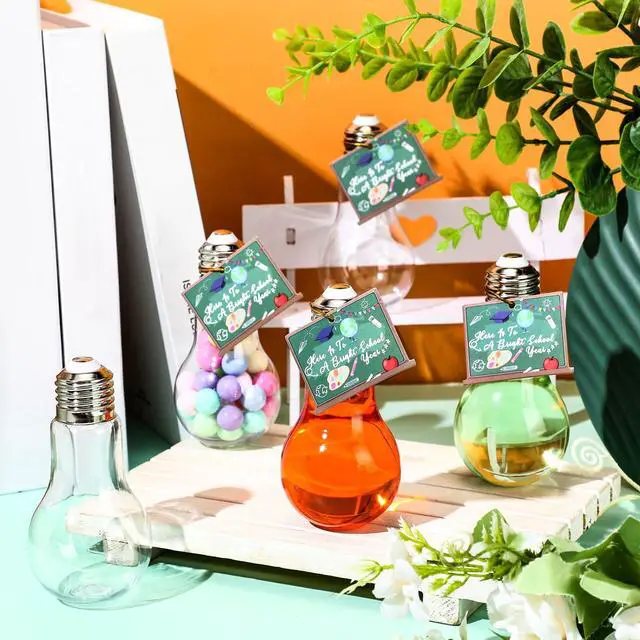 Alt view image 6 of 7 - 24 Pack Back to School Plastic Light Bulbs Jars with Card and String, First Day of School Gift 100 ml Light Bulb Candy Containers Clear Candy Jars Students Teachers Classroom Reward Gifts