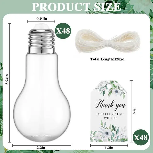 Alt view image 2 of 6 - 48 Sets 100 ml Plastic Light Bulb Jars Clear Candy Containers for Party Favors with Labels and Strings Fillable Lightbulb Jar Ornaments for Wedding Party Drink DIY Crafts, Silver