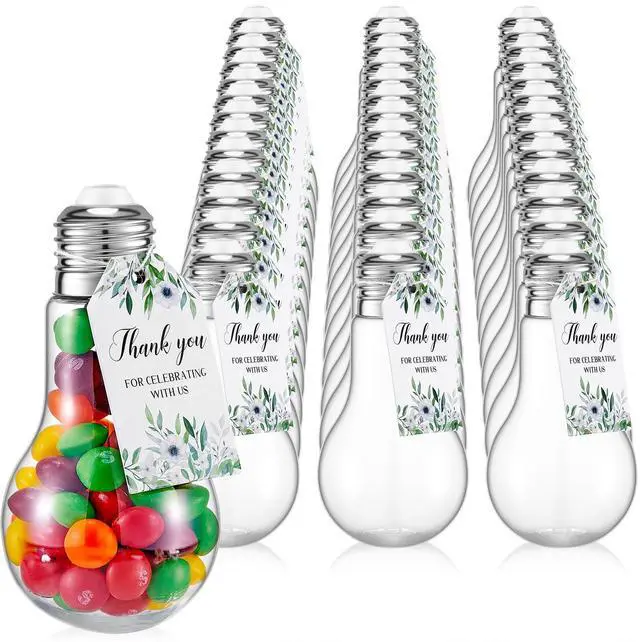 Main image of 48 Sets 100 ml Plastic Light Bulb Jars Clear Candy Containers for Party Favors with Labels and Strings Fillable Lightbulb Jar Ornaments for Wedding Party Drink DIY Crafts, Silver