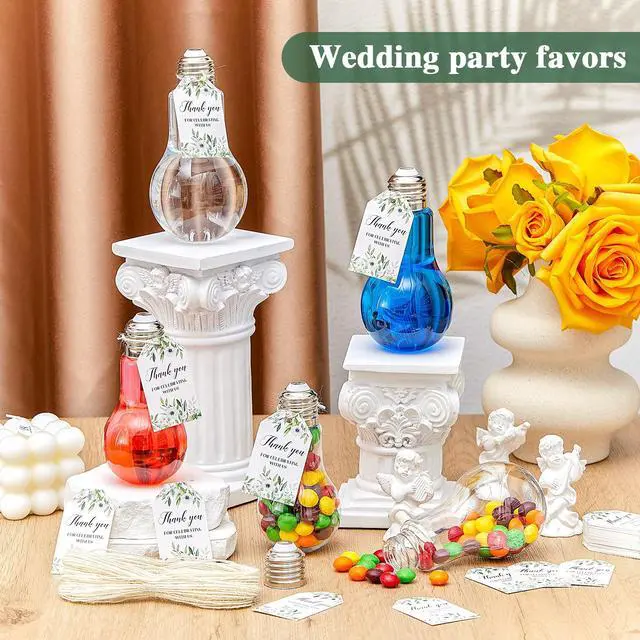Alt view image 6 of 6 - 48 Sets 100 ml Plastic Light Bulb Jars Clear Candy Containers for Party Favors with Labels and Strings Fillable Lightbulb Jar Ornaments for Wedding Party Drink DIY Crafts, Silver
