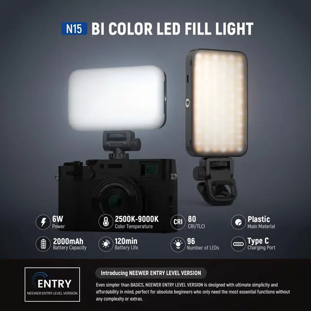 Alt view image 2 of 7 - Entry Level Version Phone Selfie Light for iPhone, 2500-9000K CRI80 2000mAh Rechargeable Plastic Clip on Makeup Streaming Recording Laptop Computer Video Conference Fill Lighting, N15