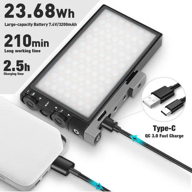 Alt view image 3 of 7 - G1s RGB Video Light with APP Control, 12W 210 Minutes Rechargeable Battery LED Camera Light, 10 Common Lighting Effects, CRI97 2500-8500K LED Video Light with Aluminum Alloy Body