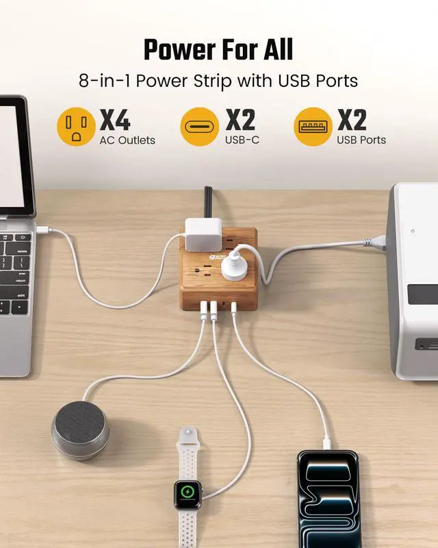 Alt view image 2 of 7 - USB Power Strip Surge Protector - Desktop Extension Cord with 4 Widely Spaced Outlets & 4 Smart USB Ports, Portable Charging Station for Home, Office, Hotel, Dorm, RV, Faux Walnut Grain