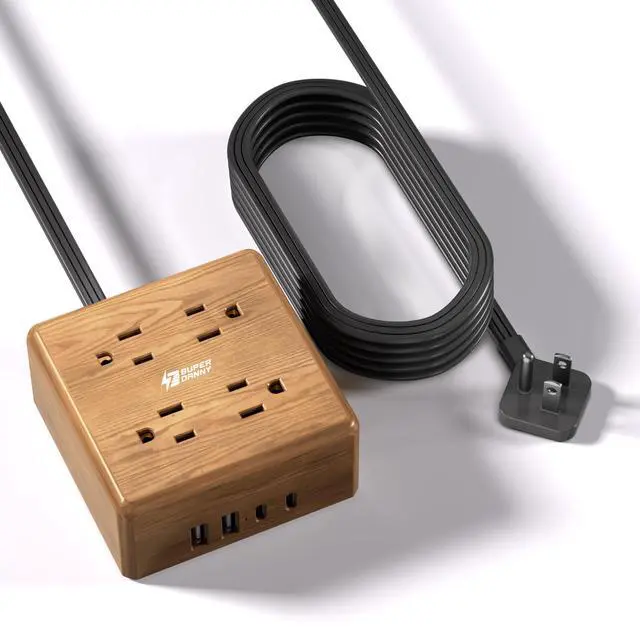 Main image of USB Power Strip Surge Protector - Desktop Extension Cord with 4 Widely Spaced Outlets & 4 Smart USB Ports, Portable Charging Station for Home, Office, Hotel, Dorm, RV, Faux Walnut Grain