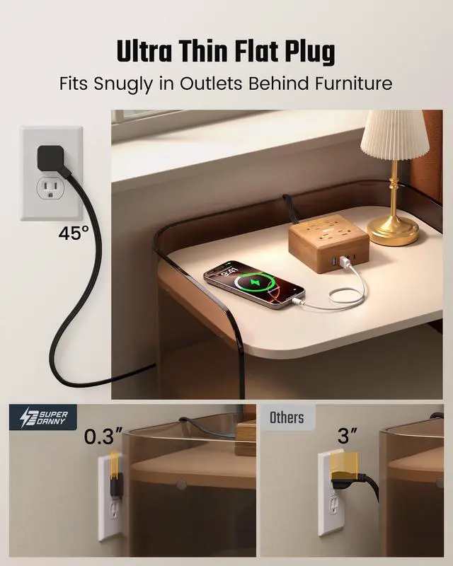 Alt view image 3 of 7 - USB Power Strip Surge Protector - Desktop Extension Cord with 4 Widely Spaced Outlets & 4 Smart USB Ports, Portable Charging Station for Home, Office, Hotel, Dorm, RV, Faux Walnut Grain