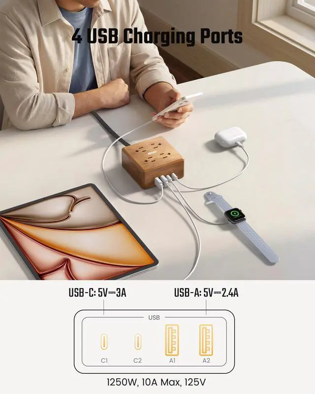 Alt view image 4 of 7 - USB Power Strip Surge Protector - Desktop Extension Cord with 4 Widely Spaced Outlets & 4 Smart USB Ports, Portable Charging Station for Home, Office, Hotel, Dorm, RV, Faux Walnut Grain
