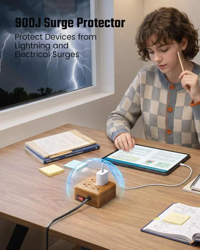 Alt view image 5 of 7 - USB Power Strip Surge Protector - Desktop Extension Cord with 4 Widely Spaced Outlets & 4 Smart USB Ports, Portable Charging Station for Home, Office, Hotel, Dorm, RV, Faux Walnut Grain