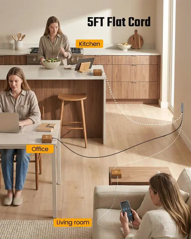 Alt view image 6 of 7 - USB Power Strip Surge Protector - Desktop Extension Cord with 4 Widely Spaced Outlets & 4 Smart USB Ports, Portable Charging Station for Home, Office, Hotel, Dorm, RV, Faux Walnut Grain