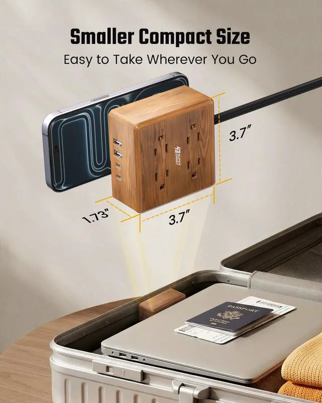 Alt view image 7 of 7 - USB Power Strip Surge Protector - Desktop Extension Cord with 4 Widely Spaced Outlets & 4 Smart USB Ports, Portable Charging Station for Home, Office, Hotel, Dorm, RV, Faux Walnut Grain