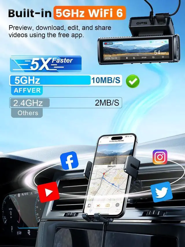 Alt view image 4 of 7 - 4K+2.5K Dash Cam Front and Rear, Built-in 5G WiFi 6 GPS Dual Dashcam