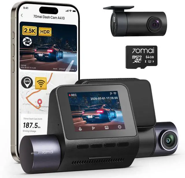 Main image of Dash Cam Front and Rear - 2.5K+1080P Dual Dash Camera with HDR, Super Night Vision, F1.55 Aperture, 24H Parking Mode, Built-in Wi-Fi & GPS, G-Sensor, Loop Recording, 64GB Card Included (A410)