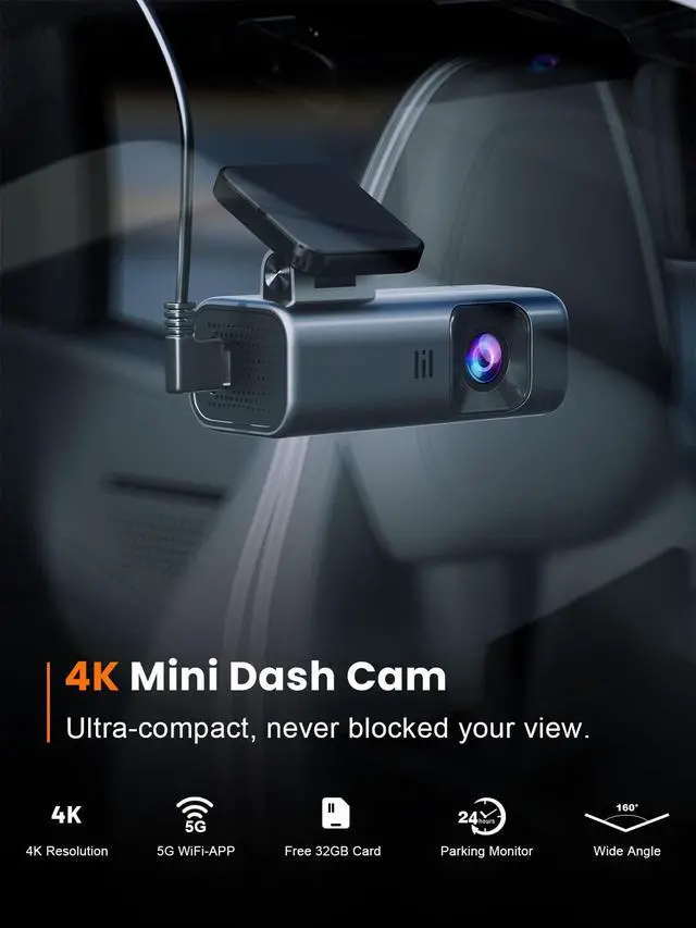 Alt view image 2 of 7 - 4K Dash Cam Front, 5GHz WiFi, 32GB Card Included, Mini Dashcam