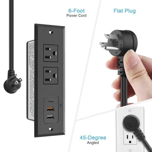 Alt view image 5 of 7 - Recessed Power Strip with 20W USB C Port, Fast Charging USB A Port Desk Outlet, Furniture Hidden Charging Station for Side Table, End Table, with 6FT 45 Degree Flat Plug Extension Cord, Black
