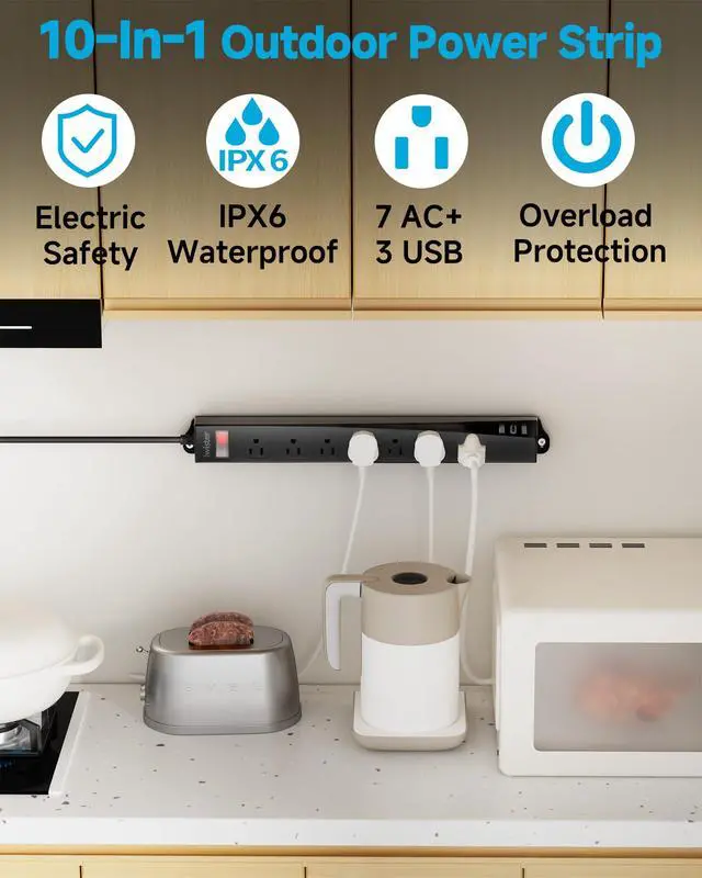 Alt view image 2 of 7 - Outdoor Power Strip Weatherproof IPX6,1625W/13A 6 Ft Extension Cord with Multiple Outlets,7 AC & 3 USB, Wall Mount for Camping,Poolside,Garden,Workshop