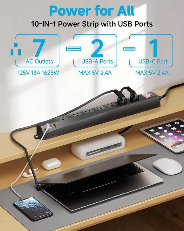 Alt view image 4 of 7 - Outdoor Power Strip Weatherproof IPX6,1625W/13A 6 Ft Extension Cord with Multiple Outlets,7 AC & 3 USB, Wall Mount for Camping,Poolside,Garden,Workshop
