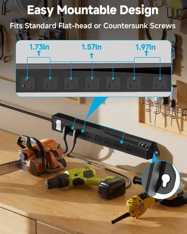Alt view image 5 of 7 - Outdoor Power Strip Weatherproof IPX6,1625W/13A 6 Ft Extension Cord with Multiple Outlets,7 AC & 3 USB, Wall Mount for Camping,Poolside,Garden,Workshop