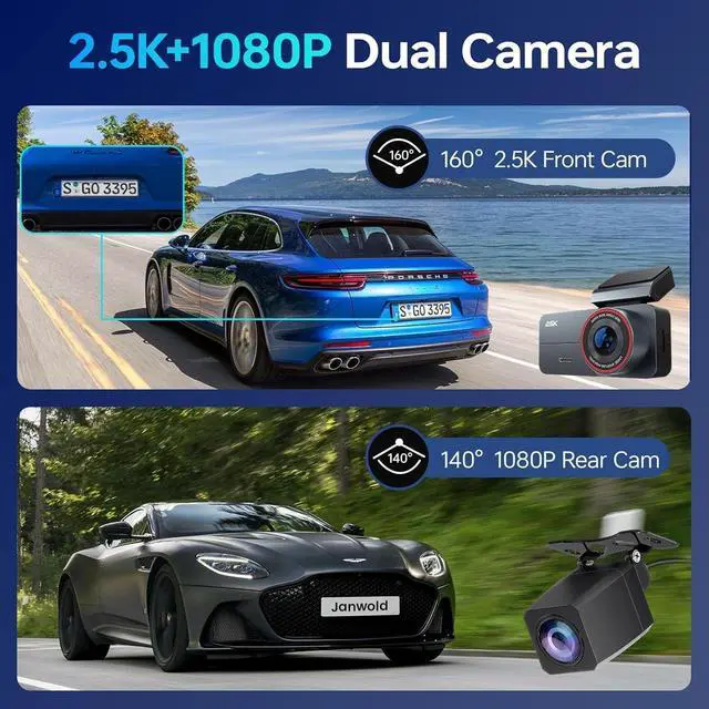 Alt view image 2 of 7 - Dash Cam 2.5K Front Rear 64GB WiFi GPS 160° Night Vision | WDR & G-sensor protection, loop recording. 3.39" IPS screen. 2nd camera + card in box