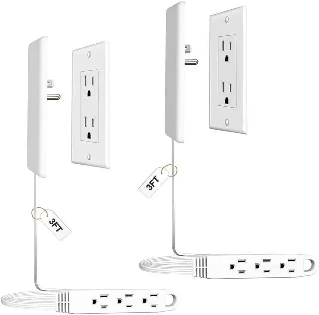 Main image of 2 Pack 3FT Flat Plug Extension Cord Power Strip with 3 Outlets, Patented Detachable Ultra-Thin Outlet Cover Concealer & Ultra-Flat Plug, Max. 13A 125V 1625W ETL Listed, White Color