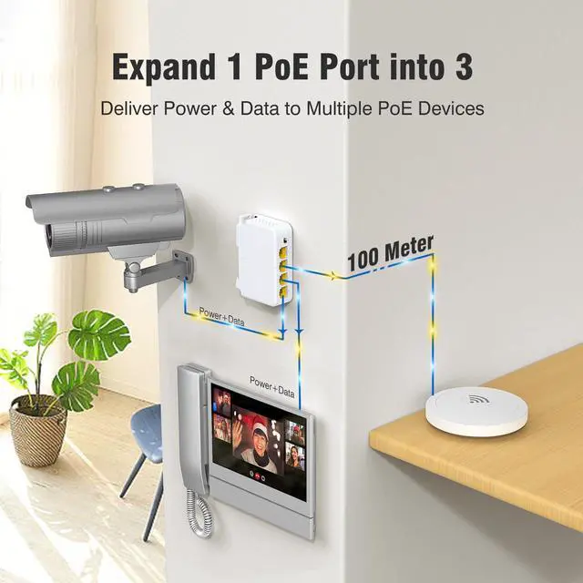 Alt view image 3 of 7 - Gigabit PoE Extender 1 in 3 Out, 4-Port 1000Mbps PoE Repeater, IEEE 802.3af/at 30W, 100m (328ft) Extension, VLAN, Plug & Play, Wall Mount & DIN Rail Design for IP Camera, AP, NVR, VoIP Phone