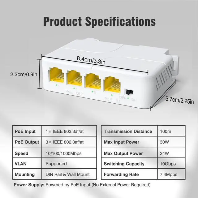 Alt view image 7 of 7 - Gigabit PoE Extender 1 in 3 Out, 4-Port 1000Mbps PoE Repeater, IEEE 802.3af/at 30W, 100m (328ft) Extension, VLAN, Plug & Play, Wall Mount & DIN Rail Design for IP Camera, AP, NVR, VoIP Phone