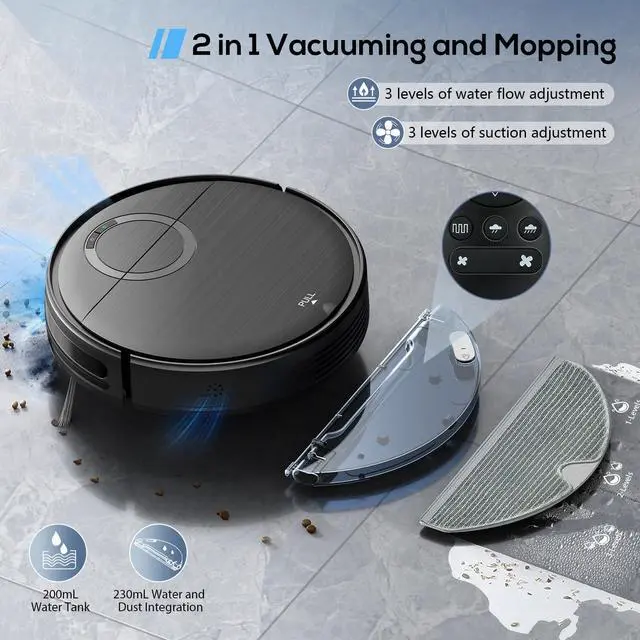 Alt view image 2 of 7 - Robot Vacuum, 2 in 1 Robot Vacuum and Mop Combo for Pet Owners: Strong Suction, Anti-Tangle Brushless Inlet, Picks Up Dog & Cat Hair, Wet Mopping Removes Paw Prints, Auto-Recharge with Schedule