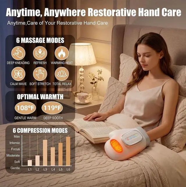 Alt view image 2 of 7 - Cordless Hand Massager with Heat & Compression 3 Modes, 5 Intensities, 3 Heat Levels for Daily Hand Relaxation, Portable Electric Hand Massager