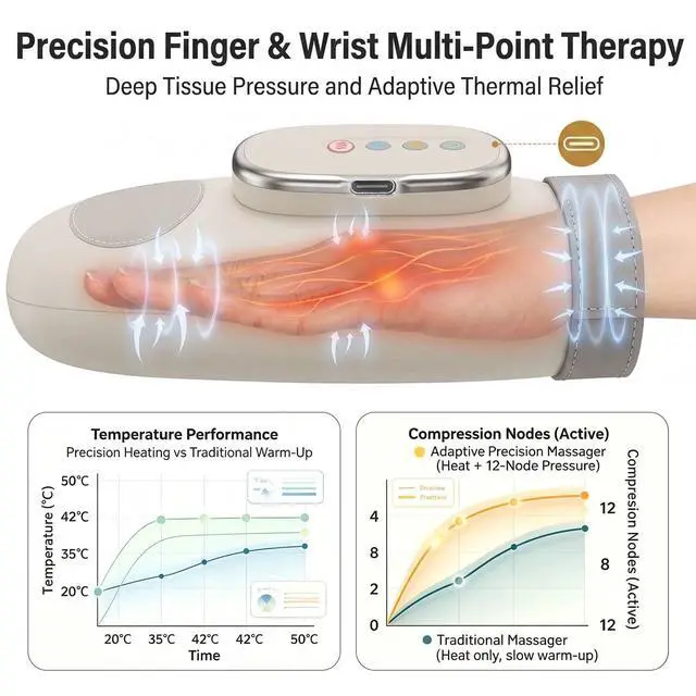 Alt view image 3 of 7 - Cordless Hand Massager with Heat & Compression 3 Modes, 5 Intensities, 3 Heat Levels for Daily Hand Relaxation, Portable Electric Hand Massager