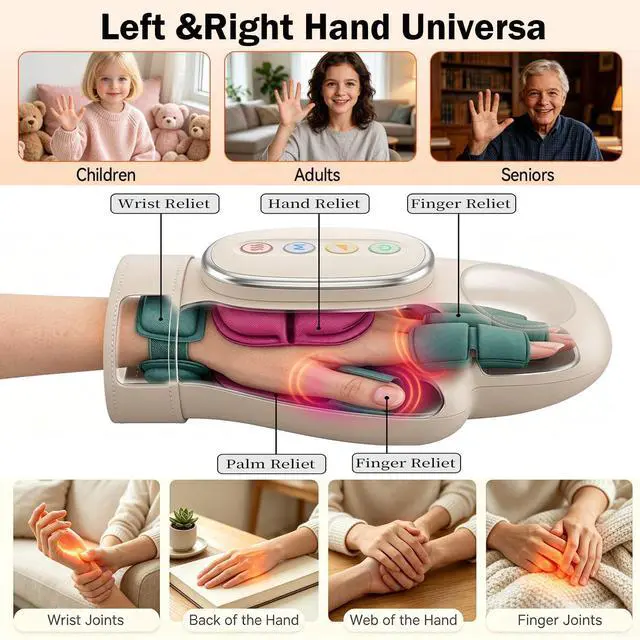 Alt view image 4 of 7 - Cordless Hand Massager with Heat & Compression 3 Modes, 5 Intensities, 3 Heat Levels for Daily Hand Relaxation, Portable Electric Hand Massager