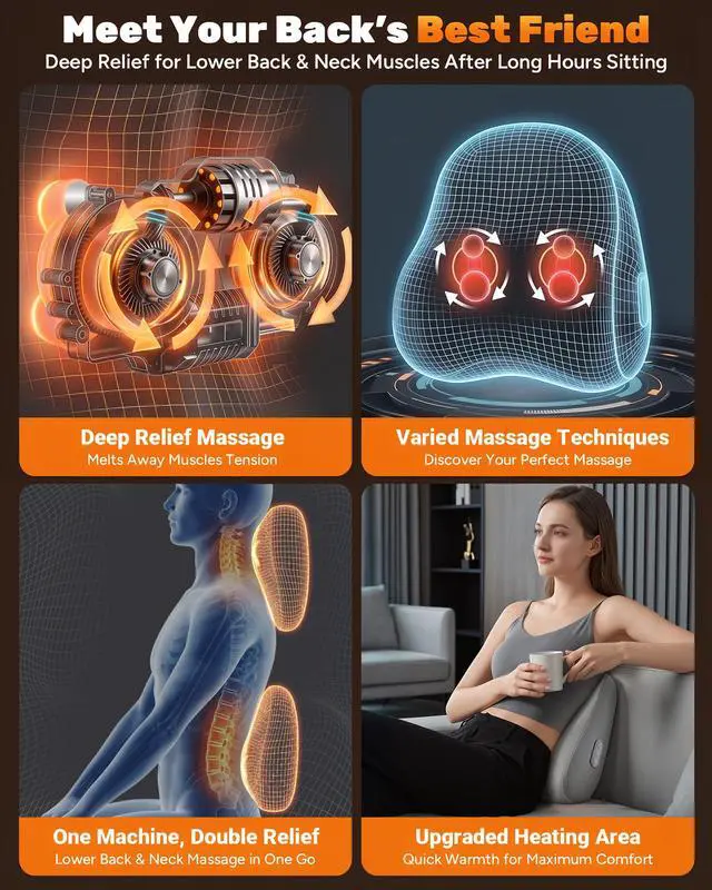 Alt view image 5 of 7 - Electric Back Massager, Deep Tissue Kneading Heat for Pain Relief