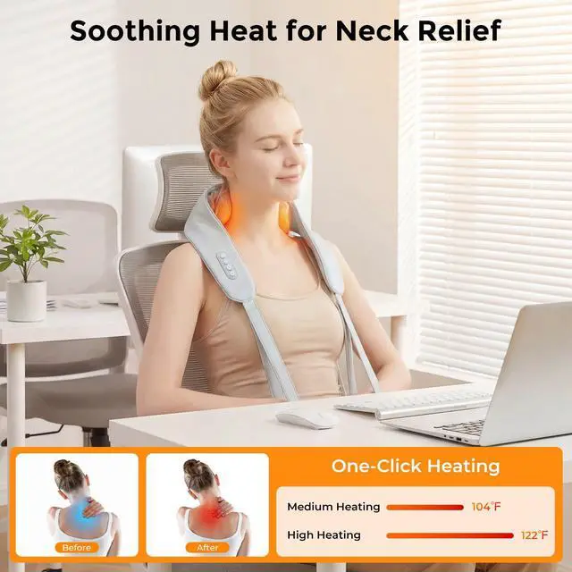 Alt view image 3 of 7 - Cordless Neck Massager with Heat,6D Shiatsu Remote Control for Pain Relief