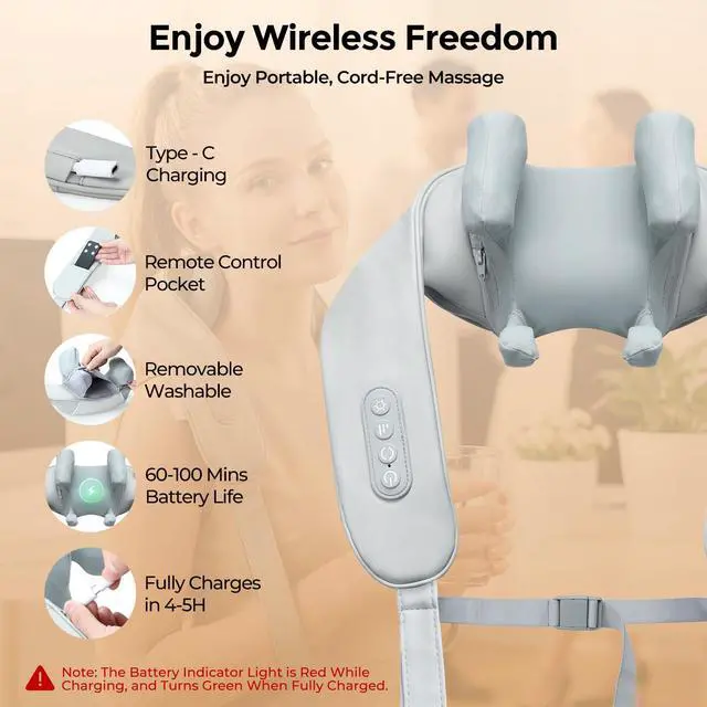 Alt view image 5 of 7 - Cordless Neck Massager with Heat,6D Shiatsu Remote Control for Pain Relief