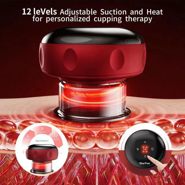 Alt view image 2 of 7 - Electric Cupping Set 2-Pack, Dual Vacuum Suction Body Massagers with Red Light & Heat Therapy, 60kPa Stronger Suction, 12 Levels, for Neck Shoulder Back Muscle Pain Relief (Black 2 Pack)
