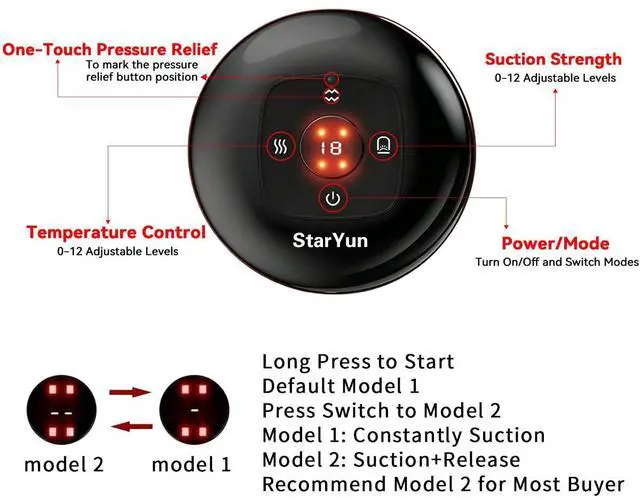 Alt view image 5 of 7 - Electric Cupping Set 2-Pack, Dual Vacuum Suction Body Massagers with Red Light & Heat Therapy, 60kPa Stronger Suction, 12 Levels, for Neck Shoulder Back Muscle Pain Relief (Black 2 Pack)