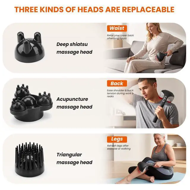 Alt view image 4 of 7 - Cordless Handheld Back Massager with Heat, Deep Tissue Percussion Massager, 3 Sets of Dual Pivoting Heads,Rechargeable Hand Held Massager for Neck,Back Shoulder,Calf,Legs