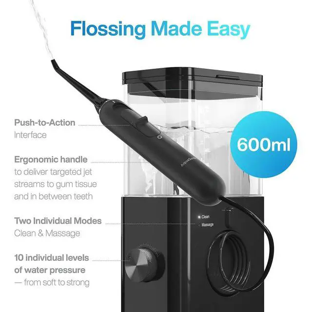 Alt view image 2 of 7 - Aqua Flosser PRO | Professional Water Flosser with Large Capacity Reservoir | Oral Irrigator w/ 2 Modes, 10 Levels of Water Pressure, 4 Included Tips | Sleek & Compact