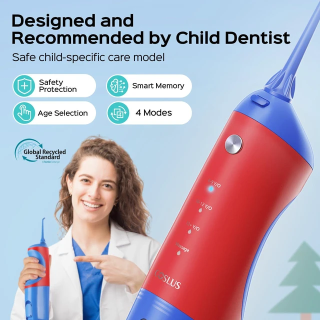 Alt view image 3 of 6 - COSLUS C31 Kids Water Dental Flosser, Safe & Gentle for Ages 6+, Red Blue | Safe & Gentle Cleaning, 4 Modes for Braces & Gums Care, Cordless Dental Pick, Portable for School & Travel, IPX7, BPA-Free