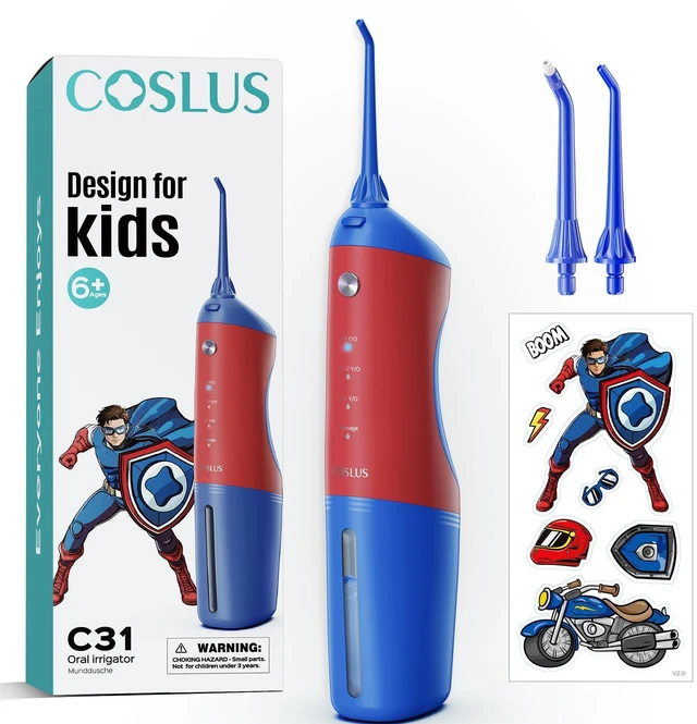 Main image of COSLUS C31 Kids Water Dental Flosser, Safe & Gentle for Ages 6+, Red Blue | Safe & Gentle Cleaning, 4 Modes for Braces & Gums Care, Cordless Dental Pick, Portable for School & Travel, IPX7, BPA-Free
