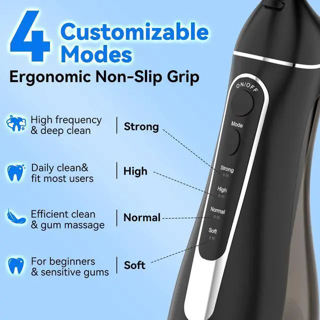 Alt view image 2 of 7 - Cordless Portable Water Flosser with 300ML Tank: Rechargeable Oral Irrigator with 5 Tips for Travel, Braces Care and Sensitive Gums, IPX7 Waterproof Teeth Cleaning Device(C260Black)