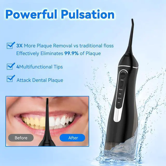 Alt view image 3 of 7 - Cordless Portable Water Flosser with 300ML Tank: Rechargeable Oral Irrigator with 5 Tips for Travel, Braces Care and Sensitive Gums, IPX7 Waterproof Teeth Cleaning Device(C260Black)