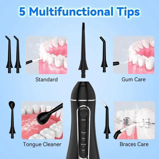 Alt view image 4 of 7 - Cordless Portable Water Flosser with 300ML Tank: Rechargeable Oral Irrigator with 5 Tips for Travel, Braces Care and Sensitive Gums, IPX7 Waterproof Teeth Cleaning Device(C260Black)