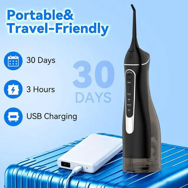 Alt view image 6 of 7 - Cordless Portable Water Flosser with 300ML Tank: Rechargeable Oral Irrigator with 5 Tips for Travel, Braces Care and Sensitive Gums, IPX7 Waterproof Teeth Cleaning Device(C260Black)