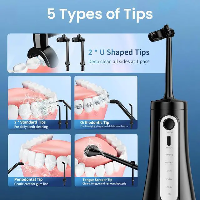 Alt view image 3 of 7 - Cordless Water Flosser with U-Shaped Nozzle, 350ML Tank, 7 Jet Tips
