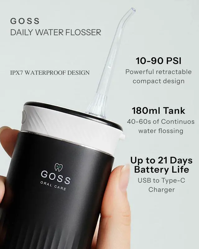 Alt view image 5 of 7 - Goss Oral Care Portable Water Flosser for Teeth Cleaning Cordless, Rechargeable Water Flosser for Travel, Braces, Implants, Crowns & Gum Health