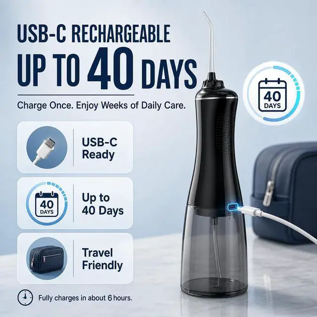 Alt view image 3 of 7 - Water Dental Flosser Oral Irrigator with 5 Modes, 350ml Cordless Water Teeth Cleaner Pick 6 Tips, IPX7 Waterproof Rechargeable Portable Powerful Battery for Travel & Home Braces & Bridges Care